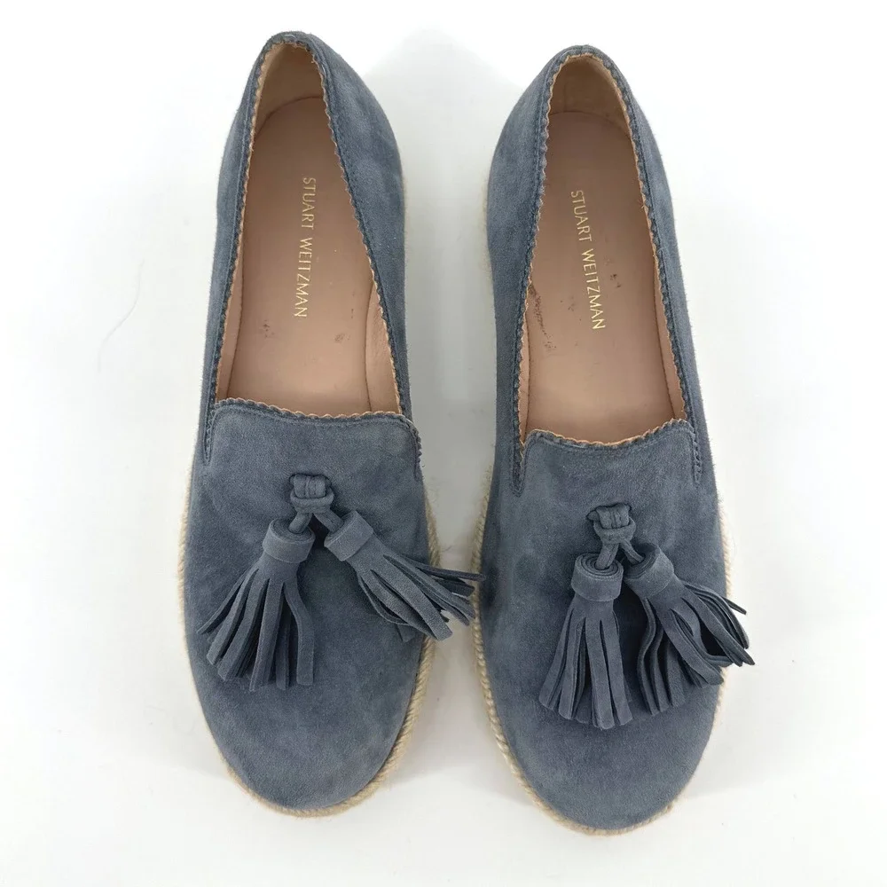 Stuart Weitzman Loafer Womens 5.5 Blue Suede Tassel Espadrille Flat Quiet Luxury